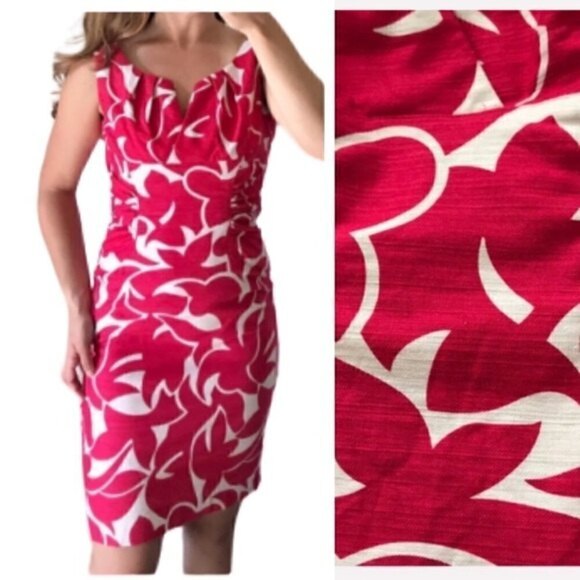 ADRIANNA PAPELL Floral Linen Pink Whites Sheath Dress 4 Summer Vaca Barbiecore - Picture 1 of 8